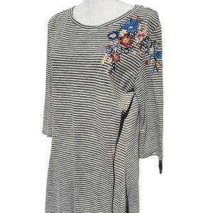 Umgee Knit Dress Medium Green White Stripes Floral Embroidery Bohemian